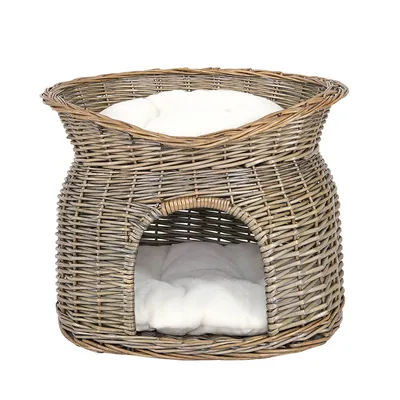 lionto panier pour chat en osier avec coussins doux et double couchage