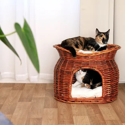 lionto panier pour chat en osier avec coussins doux et double couchage