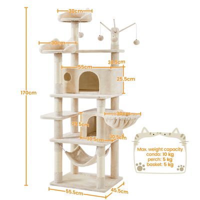 Arbre à Chat Multiniveau Avec Poteaux En Sisal, Niches Et Hamac 170 Cm