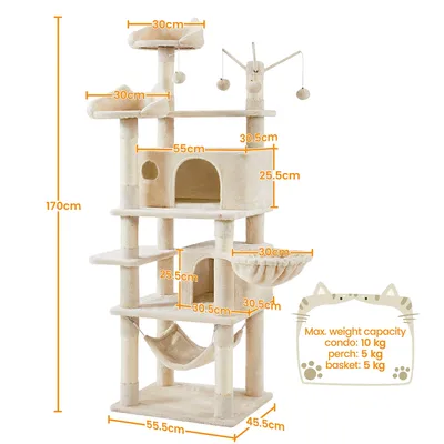 Arbre à Chat Multiniveau Avec Poteaux En Sisal, Niches Et Hamac 170 Cm