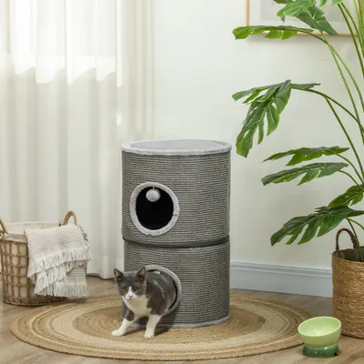 PawHut - Tour pour chat modulable zippée 3 parties 2 pompons