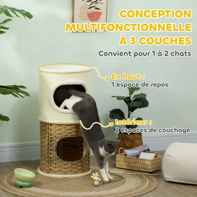 PawHut - Tour à chat 3niv 2 niches, panier H.75,5 cm - Crème
