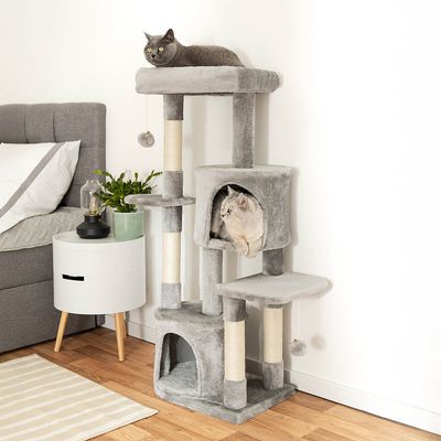 lionto Kratzbaum 115 cm mit Höhlen, Liegeplattformen, Spielbällen & Sisal