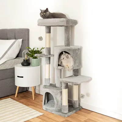 lionto Kratzbaum 115 cm mit Höhlen, Liegeplattformen, Spielbällen & Sisal