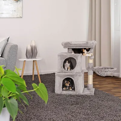 lionto arbre à chat avec 2 niches, lit, hamac et balle suspendue