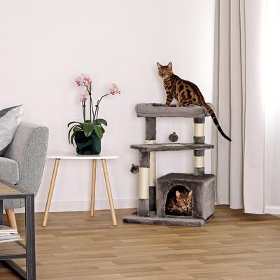 lionto arbre à chat avec 2 balles, niche, lit et poteaux en sisal