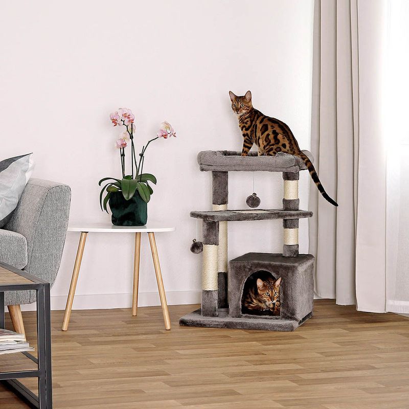 lionto arbre à chat avec 2 balles, niche, lit et poteaux en sisal