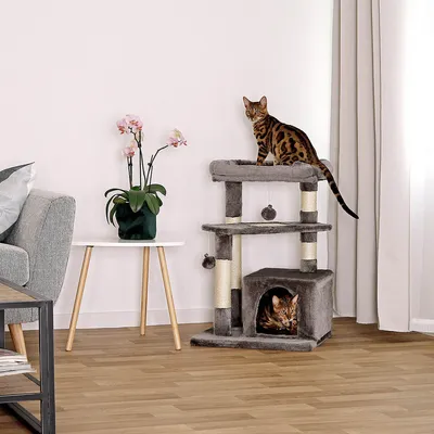 lionto arbre à chat avec 2 balles, niche, lit et poteaux en sisal