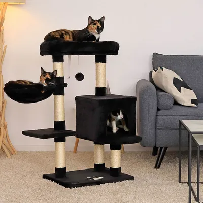 lionto arbre à chat avec niche, lit, balle suspendue et poteaux en sisal