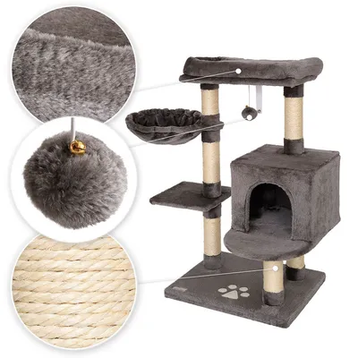 lionto arbre à chat avec niche, lit, balle suspendue et poteaux en sisal