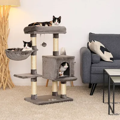 lionto arbre à chat avec niche, lit, balle suspendue et poteaux en sisal