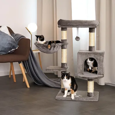 lionto arbre à chat avec niche, lit, balle suspendue et poteaux en sisal