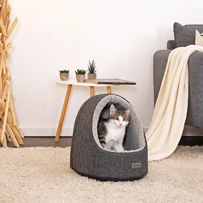lionto niche pour chat en tissu chiné avec coussin réversible lavable