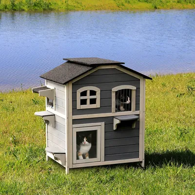 lionto Katzenhaus mit klappbarem Dach, 80x55x90 cm, grau-weiß