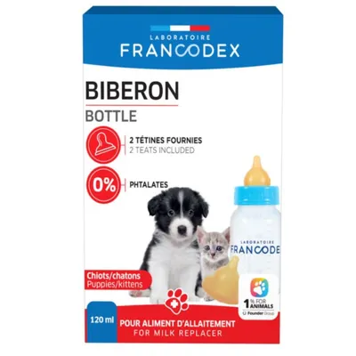 Biberon 120 ml pour chiots et chatons, plastique rigide, avec 2 tétines - F