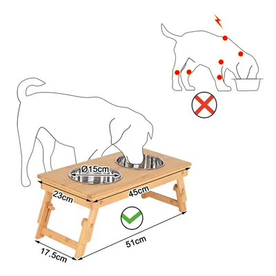 lionto gamelle chien réglable en hauteur en bambou avec 2 bols inox