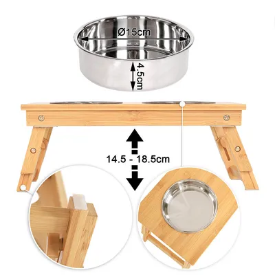 lionto gamelle chien réglable en hauteur en bambou avec 2 bols inox