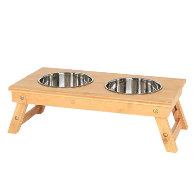 lionto gamelle chien réglable en hauteur en bambou avec 2 bols inox