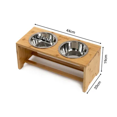 lionto gamelle chien surélevée en bambou avec 2 bols inox lavables
