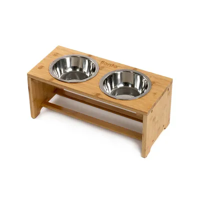 lionto gamelle chien surélevée en bambou avec 2 bols inox lavables