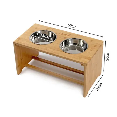 lionto gamelle chien surélevée en bambou avec 2 bols inox lavables