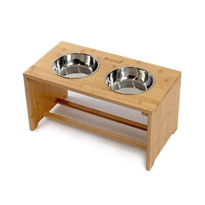 lionto gamelle chien surélevée en bambou avec 2 bols inox lavables