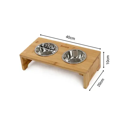 lionto gamelle chien surélevée en bambou avec 2 bols inox lavables