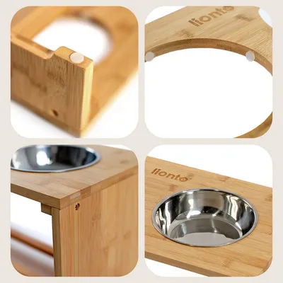 lionto gamelle chien surélevée en bambou avec 2 bols inox lavables