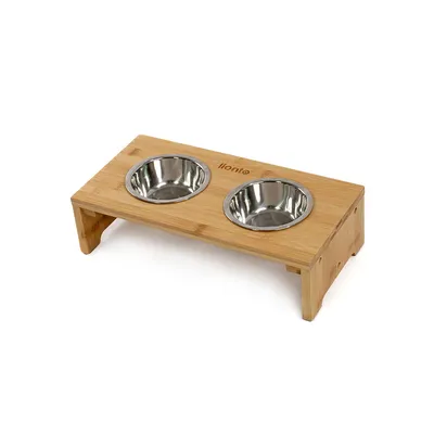 lionto gamelle chien surélevée en bambou avec 2 bols inox lavables