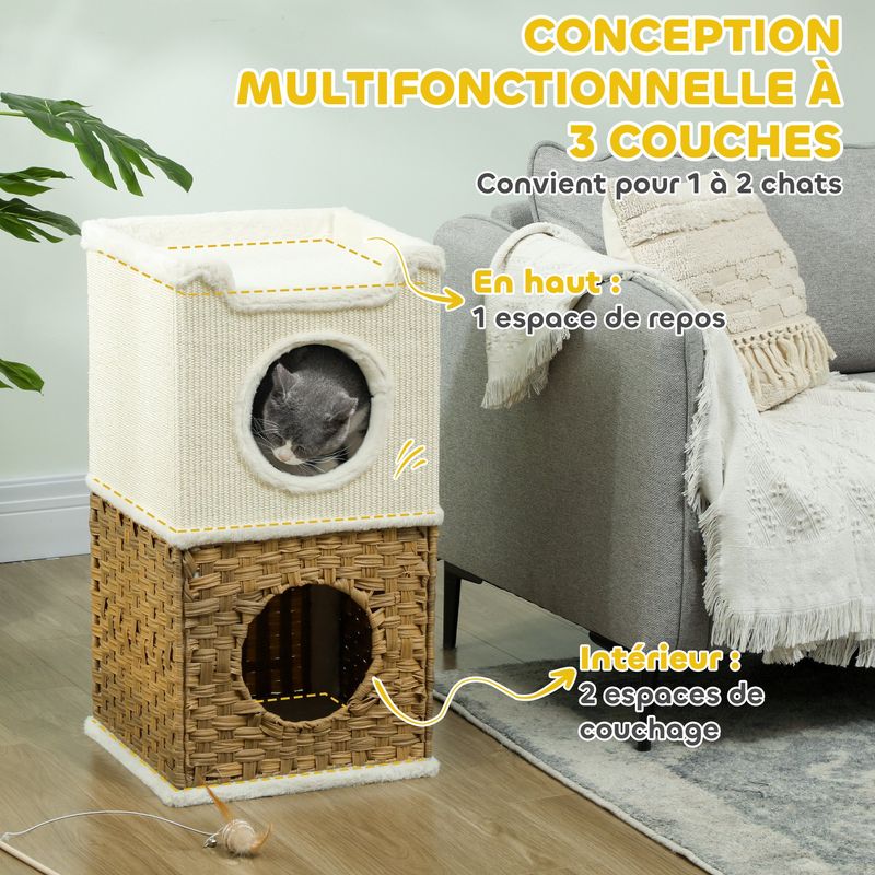 PawHut - Tour chat 3 niveaux, 2 niches H.75,5 cm - Crème