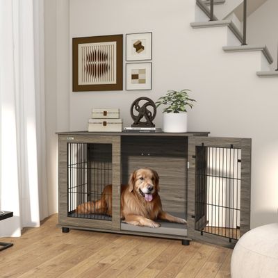 PawHut - cage d'intérieur 1 porte pour chien en bois - gris
