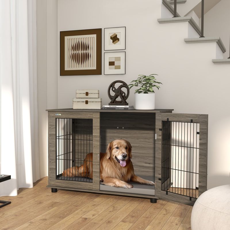 PawHut - cage d'intérieur 1 porte pour chien en bois - gris