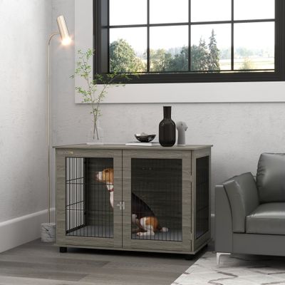 PawHut - cage d'intérieur 1 porte pour chien en bois - gris