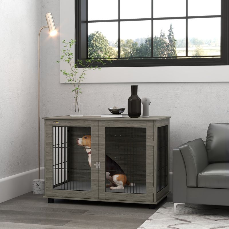 PawHut - cage d'intérieur 1 porte pour chien en bois - gris