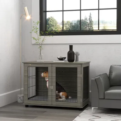 PawHut - cage d'intérieur 1 porte pour chien en bois - gris