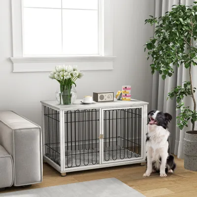 PawHut - cage d'intérieur 1 porte coussin pour chien en bois - blanc PawHut - cage d'intérieur 1 porte coussin pour chien en bois - blanc