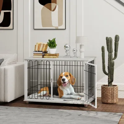 PawHut - cage d'intérieur 1 porte coussin pour chien en bois - blanc PawHut - cage d'intérieur 1 porte coussin pour chien en bois - blanc