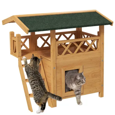 PawHut - Maison lodge chat chien - terrasse, escalier, toit - bois