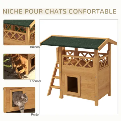 PawHut - Niche Villa Multi-équipement H.73 cm - Bois naturel