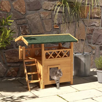 PawHut - Niche Villa Multi-équipement H.73 cm - Bois naturel