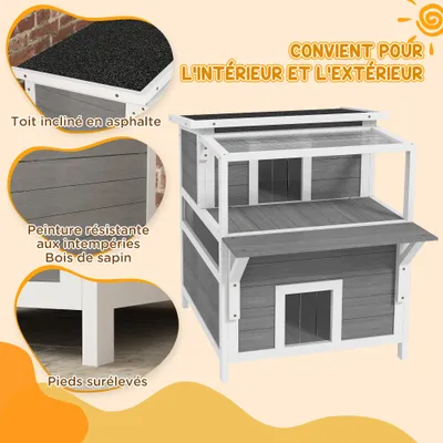 PawHut - Maison Chat 2 Niveaux H.76cm - Gris PawHut - Maison Chat 2 Niveaux H.76cm - Gris