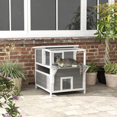 PawHut - Maison Chat 2 Niveaux H.76cm - Gris PawHut - Maison Chat 2 Niveaux H.76cm - Gris