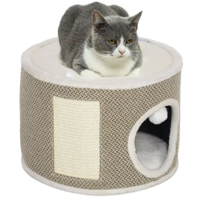 PawHut - panier lit griffoir chat 3 en 1 - 2 coussins, pompon - crème café PawHut - panier lit griffoir chat 3 en 1 - 2 coussins, pompon - crème café