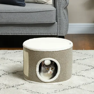 PawHut - panier lit griffoir chat 3 en 1 - 2 coussins, pompon - crème café