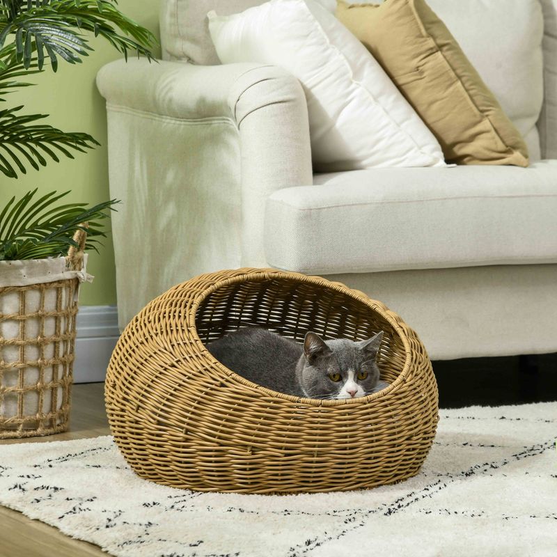 PawHut - Panier Niche Chat Imitation Rotin Déhoussable H.31 cm - Marron