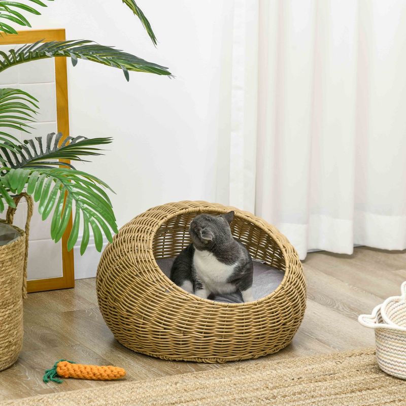PawHut - Panier Niche Chat Imitation Rotin Déhoussable H.31 cm - Marron