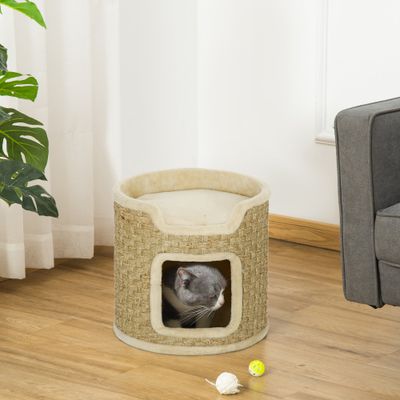 PawHut - Panier coussin griffoir chat 3 en 1 design tonneau jonc mer