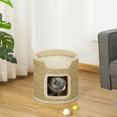 PawHut - panier lit coussin griffoir chat design tonneau H.37 cm - beige