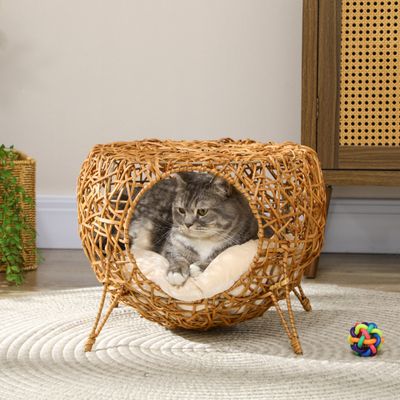 PawHut ? Panier chat lit chat style cosy rotin avec coussin beige