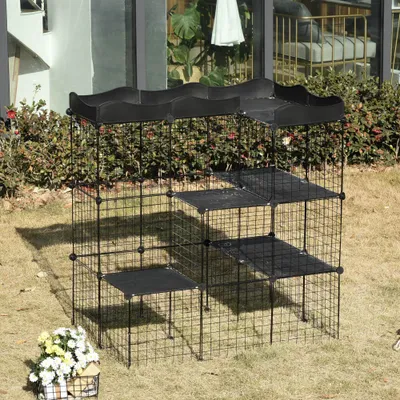 PawHut - Cage enclos chat modulable 3 niv. 2 portes rampe plateformes